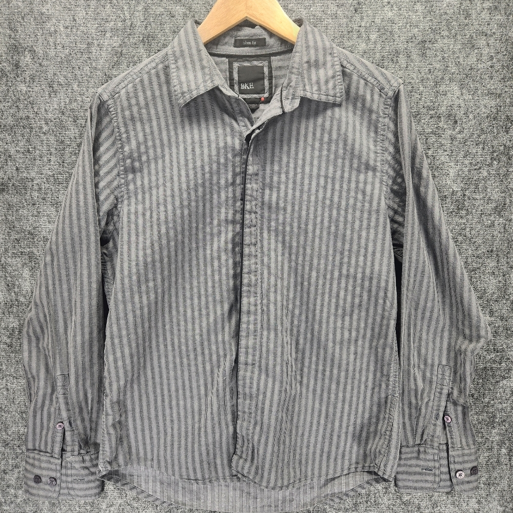 Buckle BKE Shirt Mens Medium Slim Fit Gray Black Striped Long Sleeve Button Up